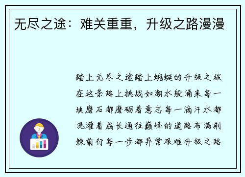 无尽之途：难关重重，升级之路漫漫