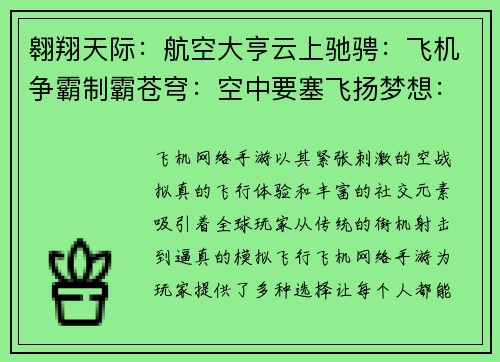 翱翔天际：航空大亨云上驰骋：飞机争霸制霸苍穹：空中要塞飞扬梦想：航空王者风云机翼：逐梦云霄